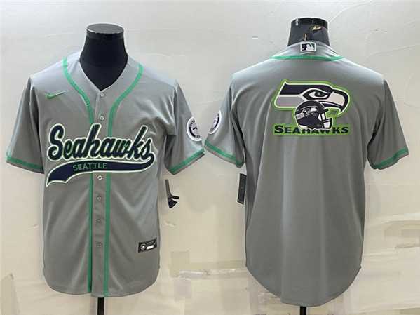 Mens Seattle Seahawks Gray Team Big Logo With Patch Cool Base Stitched Baseball Jersey